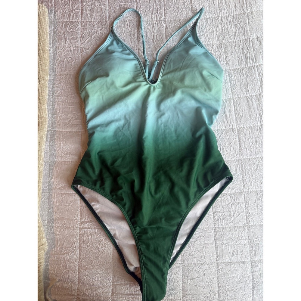 Women Green Ombre One Piece Swimsuit Plunge Neck Strappy Ring Back Ruched
